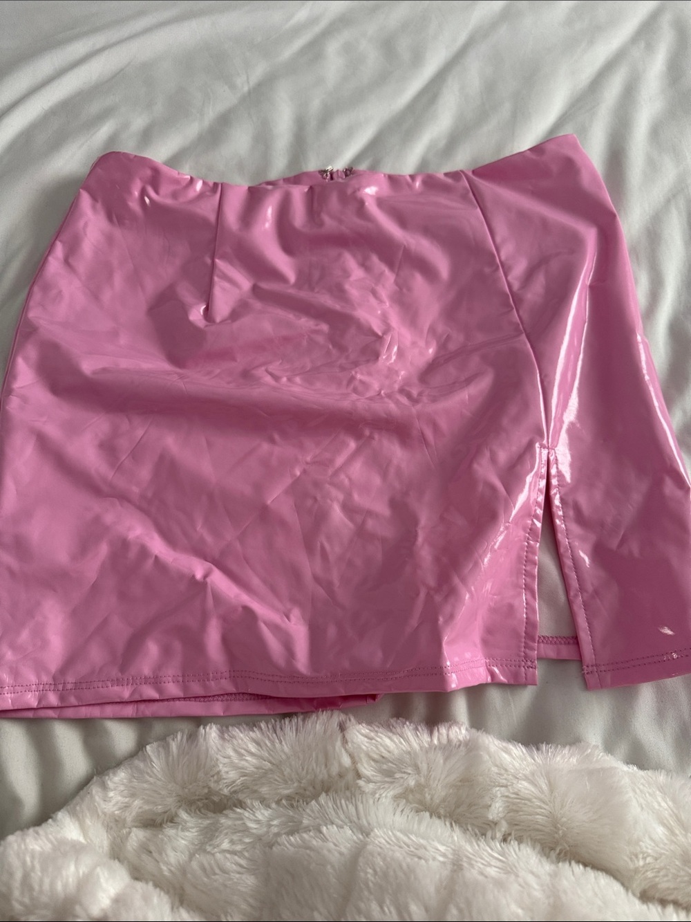 Glossy Pink Vinyl Mini Skirt with Side Slit